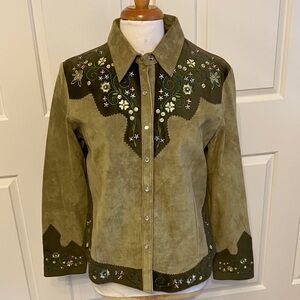 Scully Olive and Dark Green Embroidered Leather Jacket